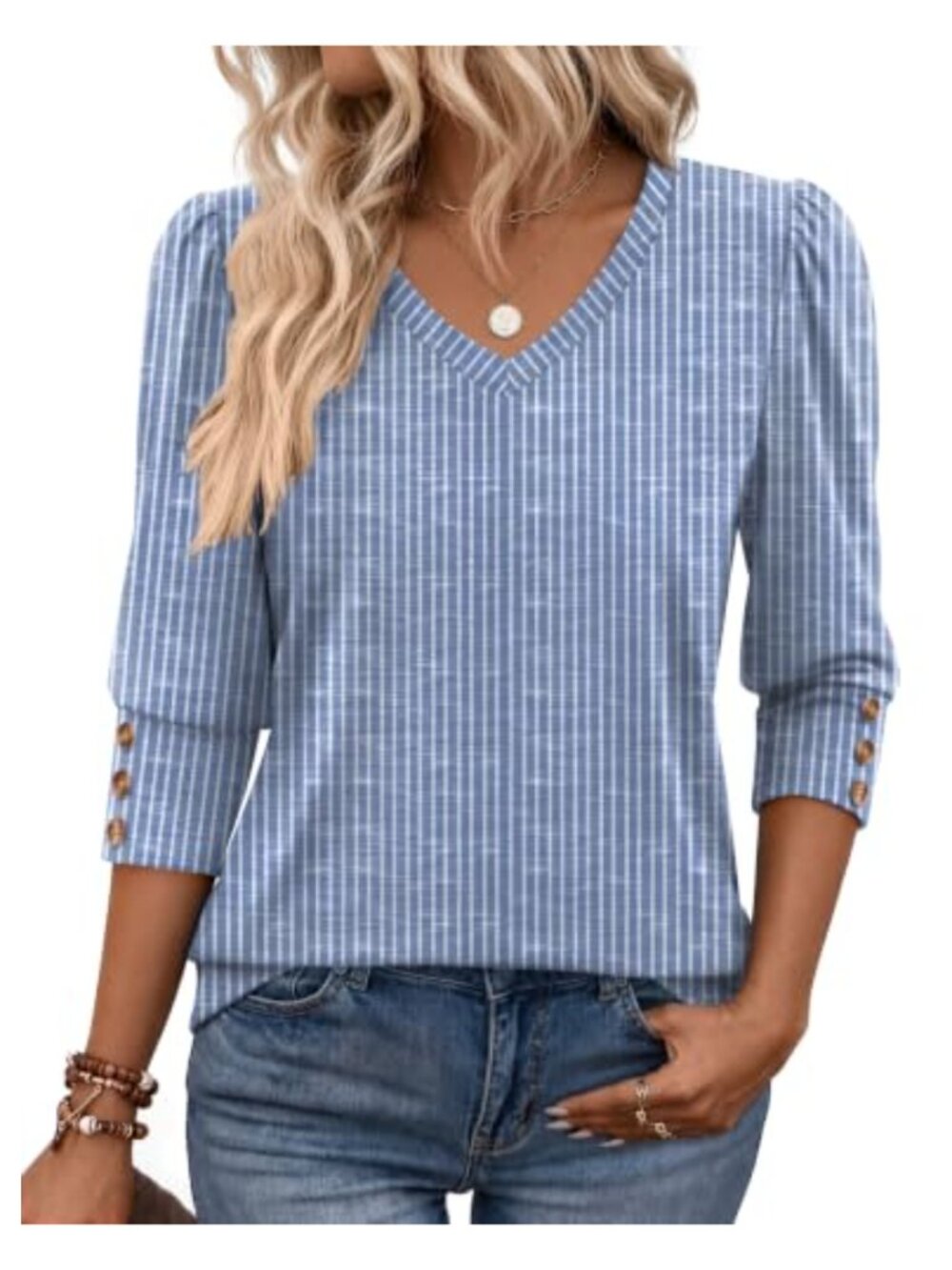 Women's 3/4 Sleeve V Neck Tunic Top Puff Sleeve Button Dressy Casual Blouse